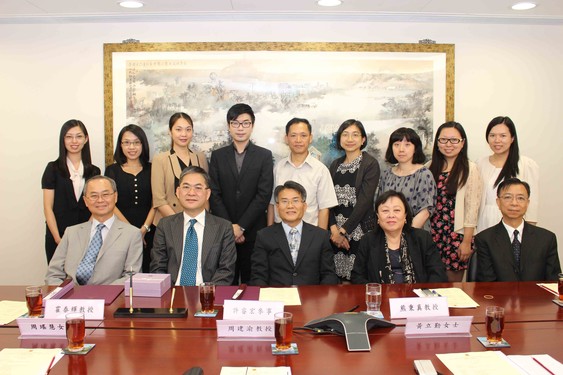 First row from left: Professor Fok Tai-fai (Pro-Vice-Chancellor and Vice-President of CUHK), Mr. Howard Huang (Director, Liaison Division of TECOHK), Mr. Sheu Ruey-horng (Principal Assistant Deputy Director, Liaison Division of TECOHK), Professor Hsiung Ping-chen (Director, Research Institute for the Humanities of CUHK) and Mr. Mak Shiu-kong (Deputy Education Project Supervisor of TECOHK). Second row from left: Ms. Sam Sin (Manager, Office of Institutional Advancement of CUHK), Ms. Vicky Wong (Assistant Manager, Office of Institutional Advancement of CUHK), Ms. Milly Chow (Assistant Manager, Office of Institutional Advancement of CUHK), Mr. Cyrus Lam (Assistant Director, Office of Institutional Advancement of CUHK), Professor Zhou Jianyu (Associate Director, Research Institute for the Humanities of CUHK), Ms. Janet Chow (Director of Institutional Advancement of CUHK), Ms. Samantha Wong (Programme Manager, Office of Academic Links (China) of CUHK), Ms. Julianna Leung (Executive Officer, Research Institute for the Humanities of CUHK) and Ms. Yoyo Tse (Executive Officer, Research Institute for the Humanities of CUHK).